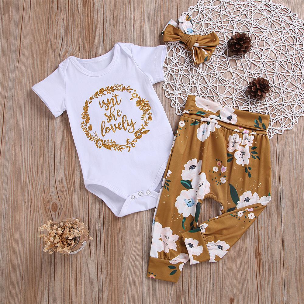 Baby Girls Short Sleeve Letter Printed Romper & Floral Pants & Headband baby clothes wholesale usa