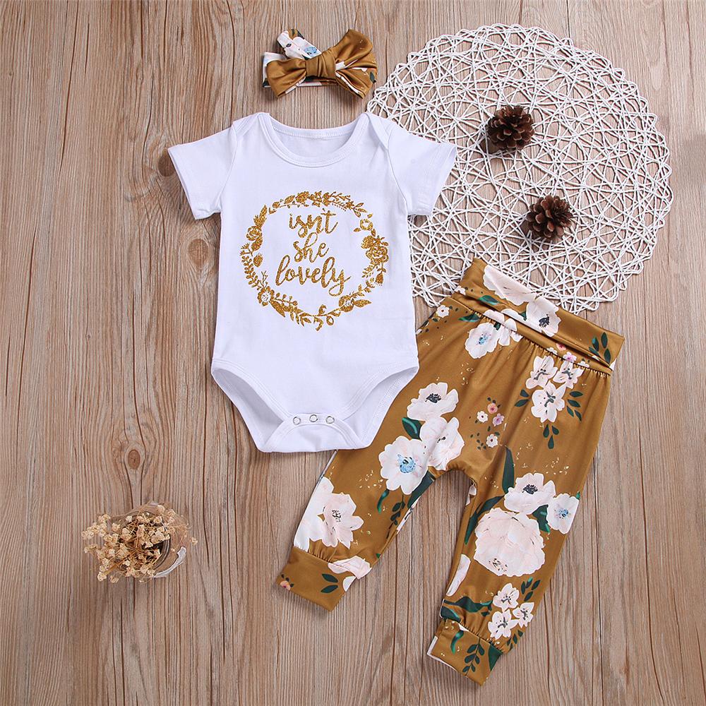 Baby Girls Short Sleeve Letter Printed Romper & Floral Pants & Headband baby clothes wholesale usa