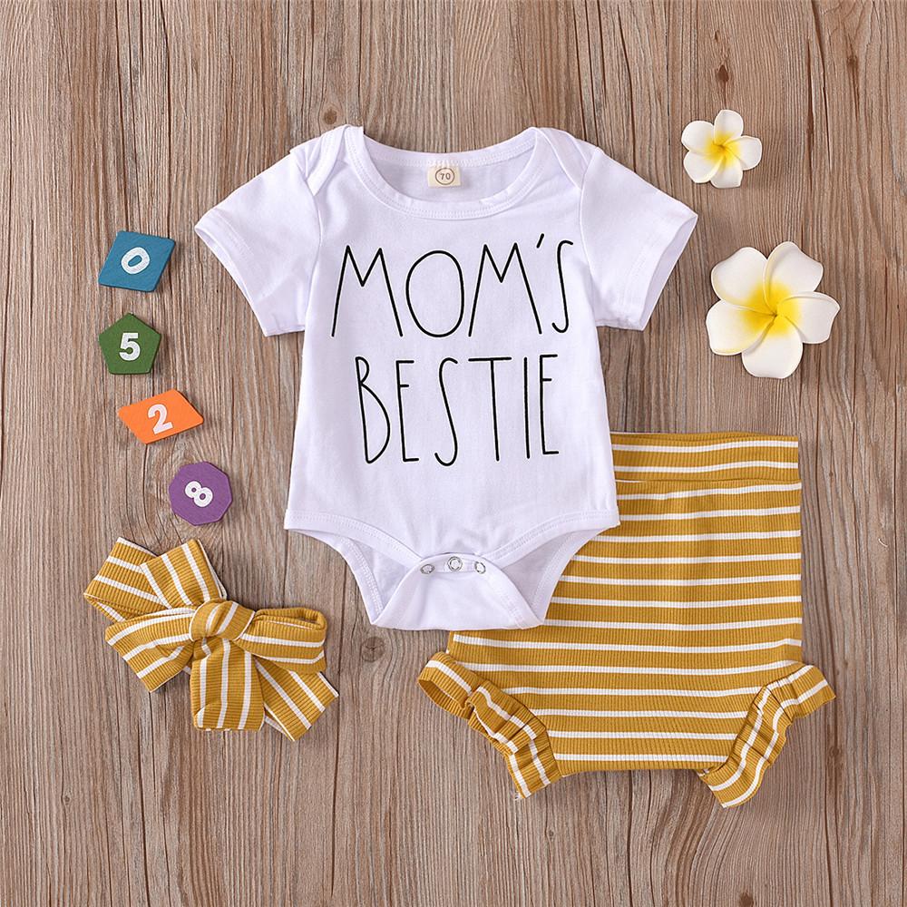 Baby Girls Short Sleeve Letter Printed Romper & Striped Shorts & Headband wholesale toddler clothing