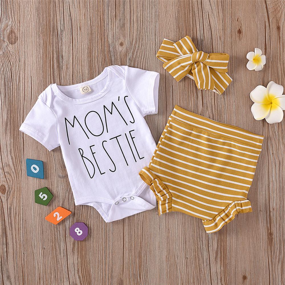 Baby Girls Short Sleeve Letter Printed Romper & Striped Shorts & Headband wholesale toddler clothing