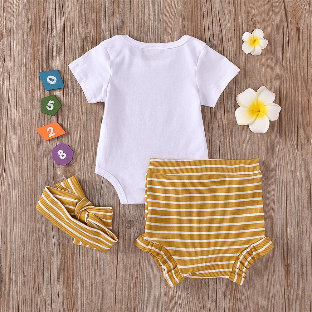 Baby Girls Short Sleeve Letter Printed Romper & Striped Shorts & Headband wholesale toddler clothing