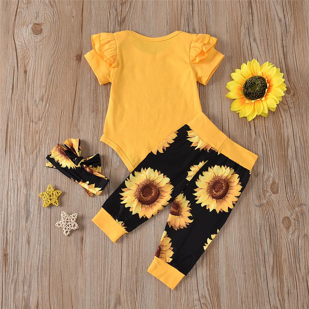Baby Girls Short Sleeve Letter Printed Romper & Sunflower Pants & Headband Wholesale Baby Clothes