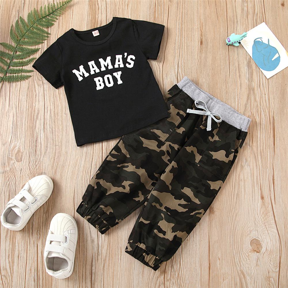 Boys Short Sleeve Letter Printed T-shirt & Camouflage Pants wholesale boys clothing