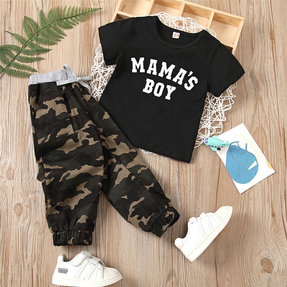 Boys Short Sleeve Letter Printed T-shirt & Camouflage Pants wholesale boys clothing