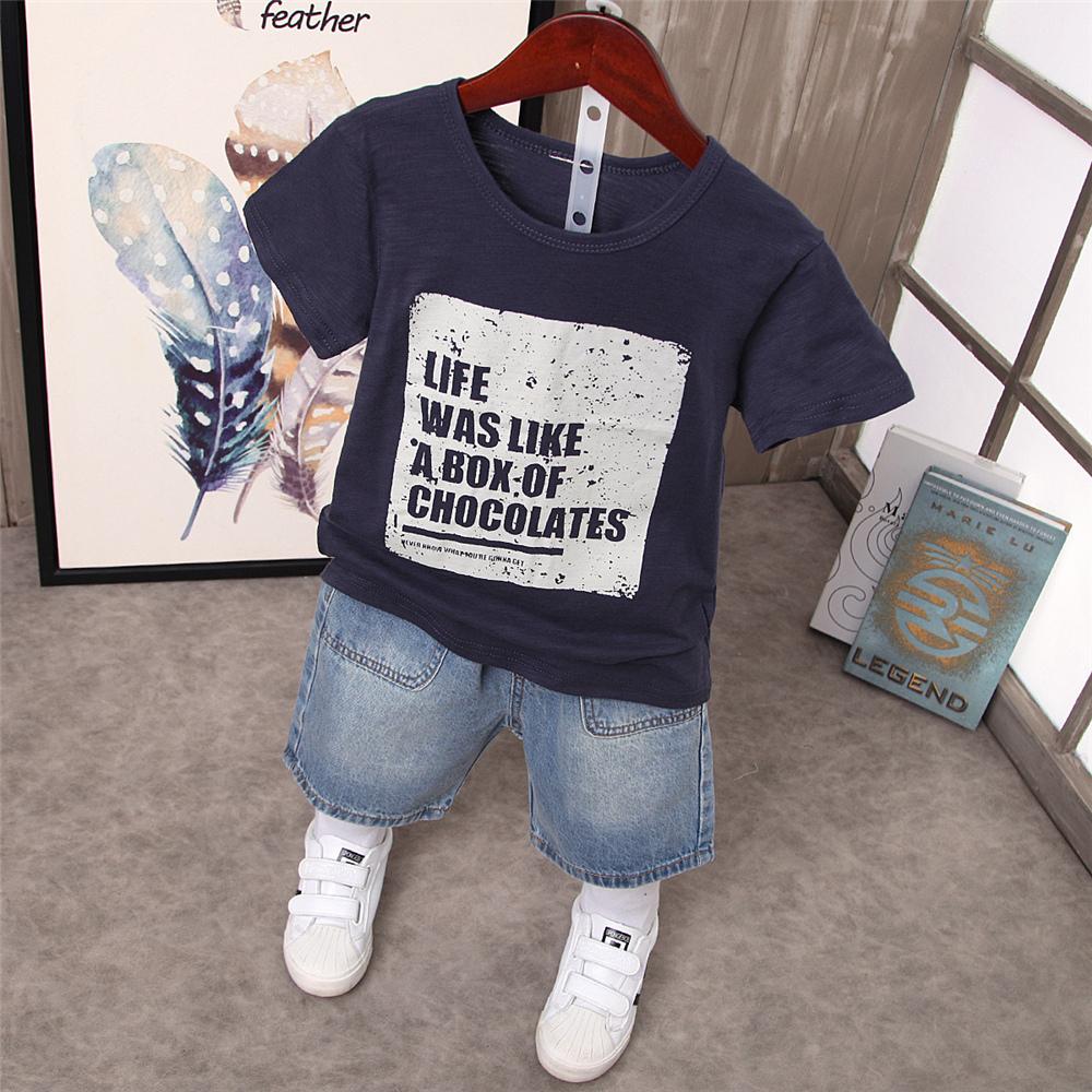 Boys Short Sleeve Letter Printed T-shirt & Denim Shorts Boy Clothing Wholesale