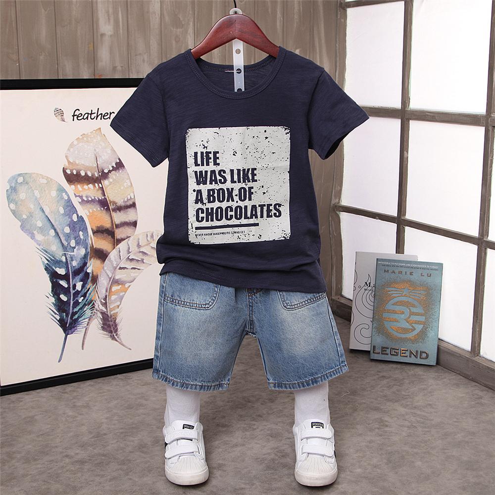 Boys Short Sleeve Letter Printed T-shirt & Denim Shorts Boy Clothing Wholesale