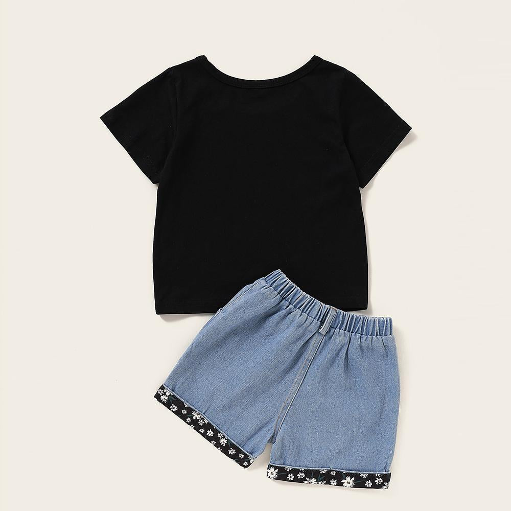 Girls Short Sleeve Letter Printed T-shirt & Denim Shorts Buy Wholesale Kids Clothing