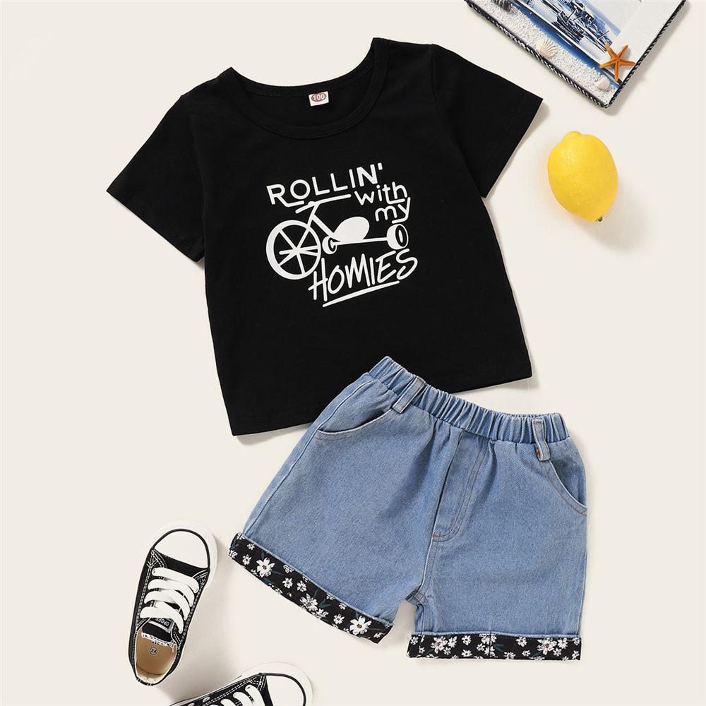 Girls Short Sleeve Letter Printed T-shirt & Denim Shorts Buy Wholesale Kids Clothing