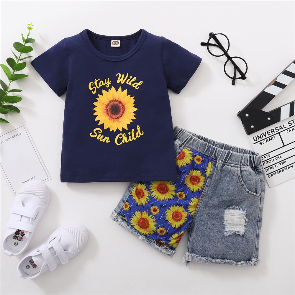 Girls Short Sleeve Letter Printed T-shirt & Denim Shorts trendy kids wholesale clothing