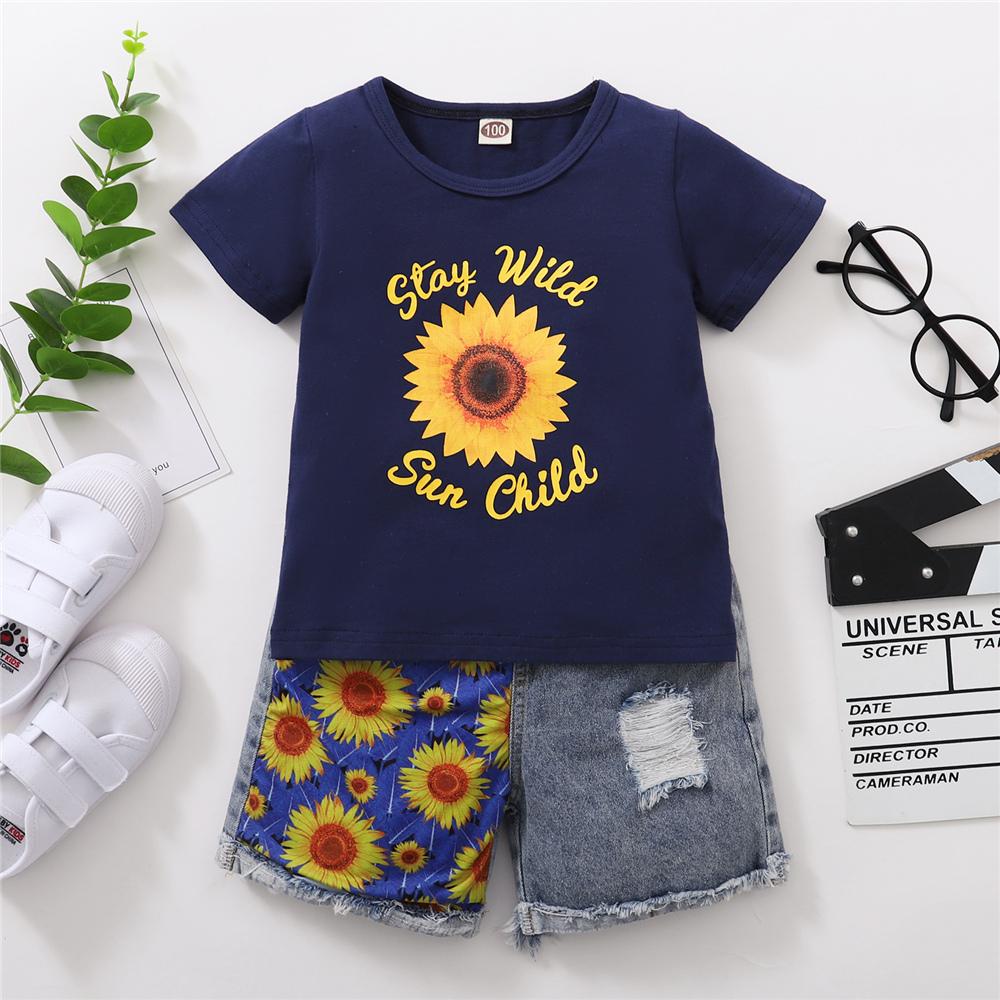 Girls Short Sleeve Letter Printed T-shirt & Denim Shorts trendy kids wholesale clothing