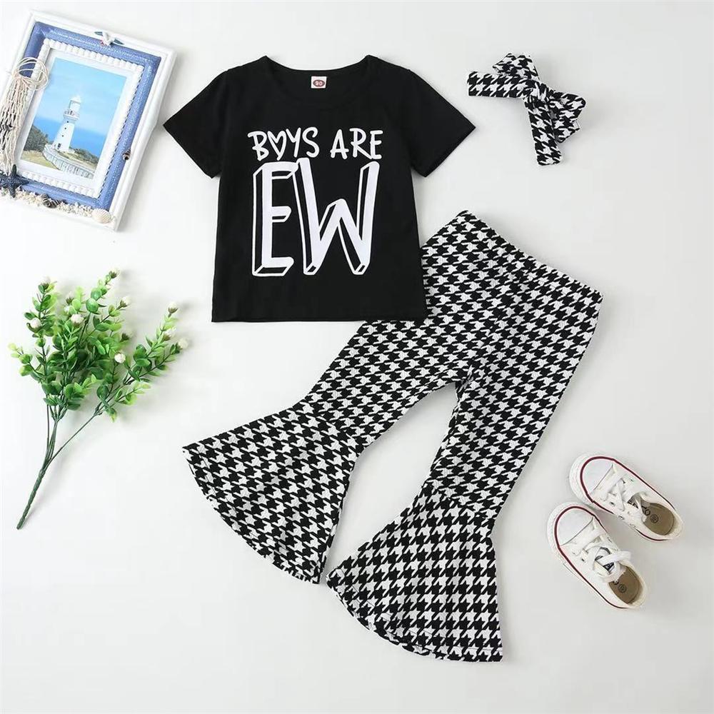 Girls Short Sleeve Letter Printed T-shirt & Plaid Flared Pants & Headband kids clothing wholesale