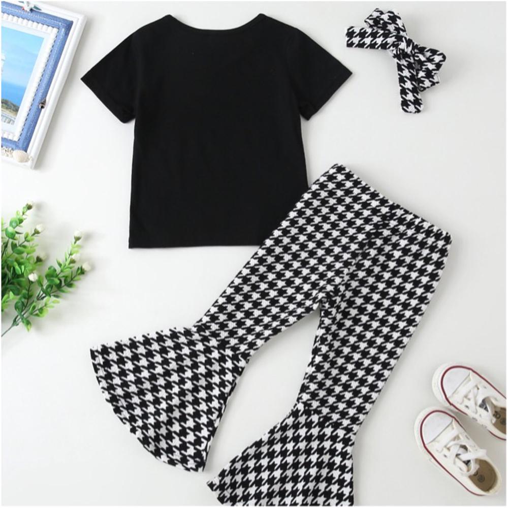 Girls Short Sleeve Letter Printed T-shirt & Plaid Flared Pants & Headband kids clothing wholesale