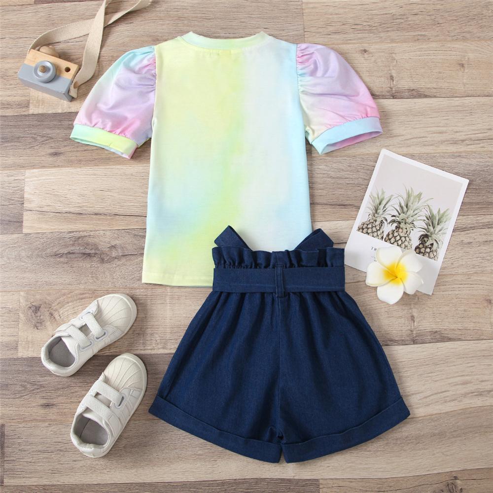 Girls Short Sleeve Letter Printed Tie Dye Top & Denim Shorts kids clothing wholesale