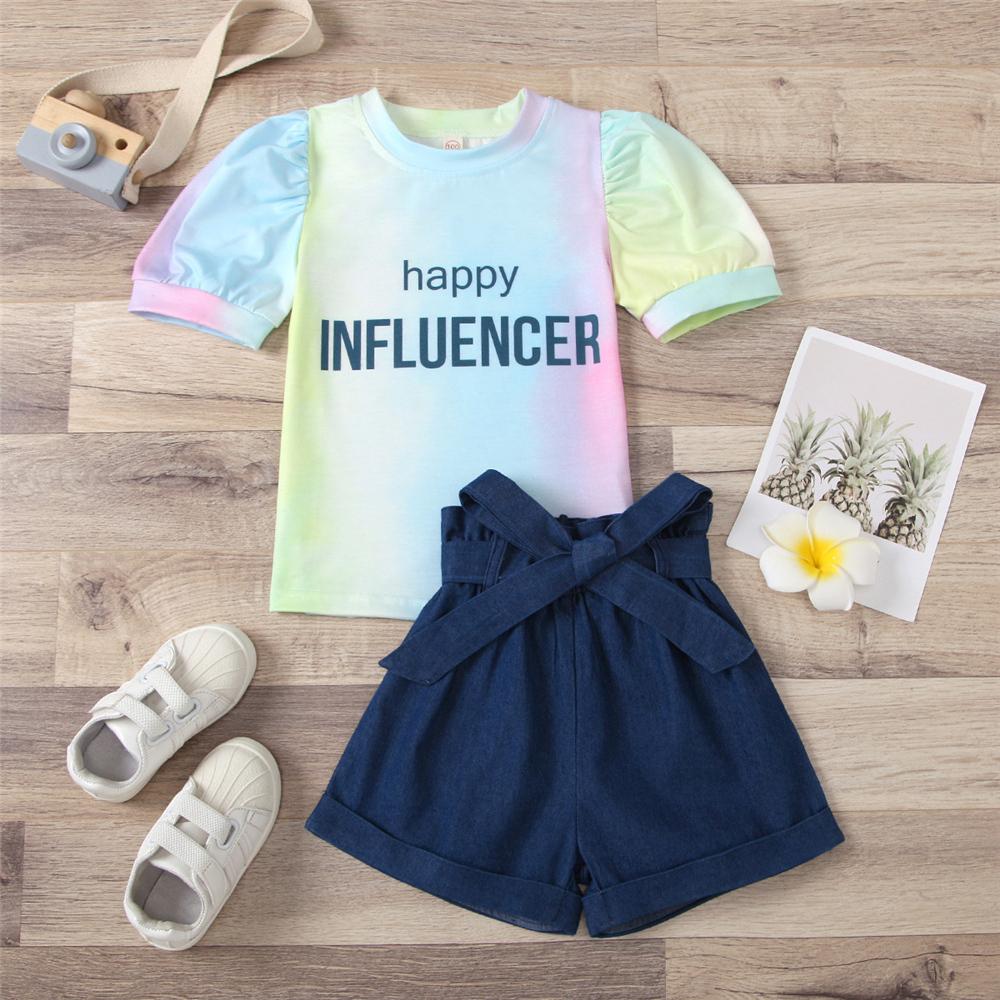 Girls Short Sleeve Letter Printed Tie Dye Top & Denim Shorts kids clothing wholesale