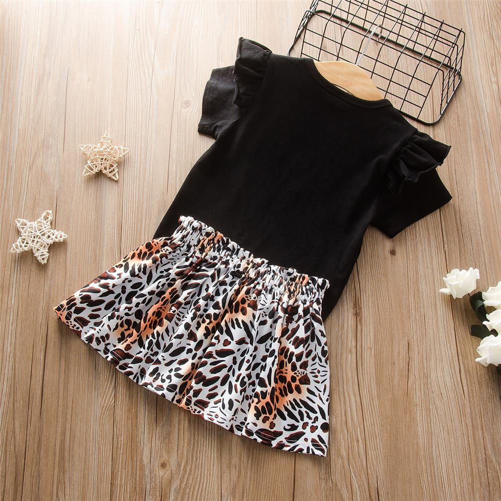 Girls Short Sleeve Letter Printed Top & Bow Leopard Skirt Kids Wholesale Clothing