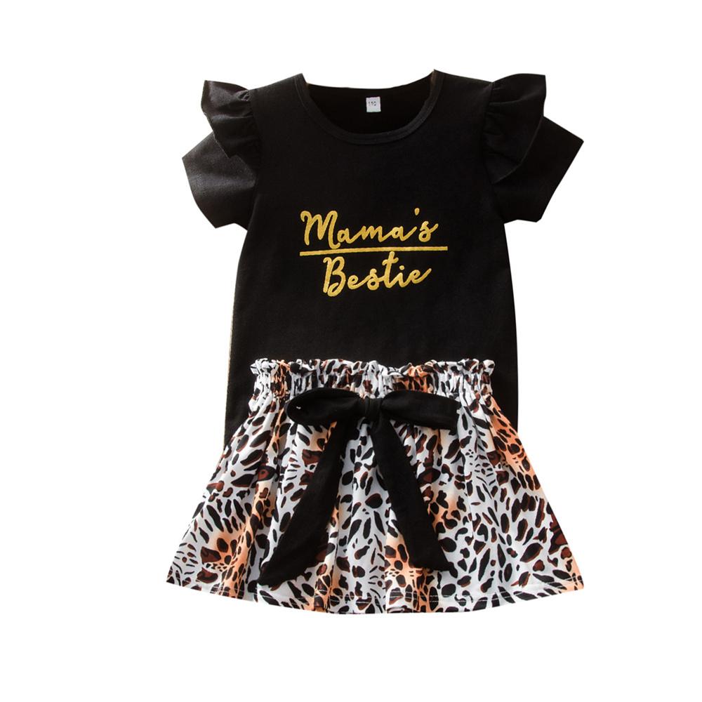 Girls Short Sleeve Letter Printed Top & Bow Leopard Skirt Kids Wholesale Clothing