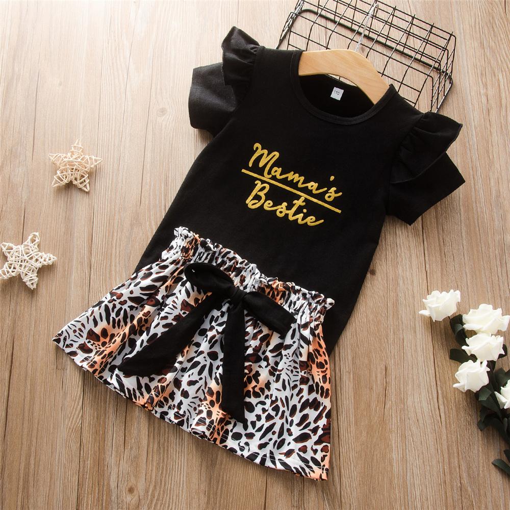 Girls Short Sleeve Letter Printed Top & Bow Leopard Skirt Kids Wholesale Clothing