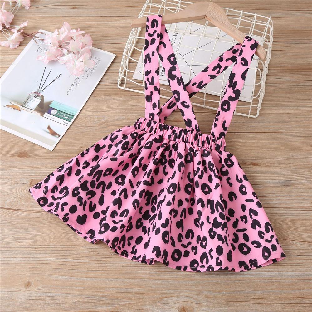 Girls Short Sleeve Letter Printed Top & Leopard Suspender Skirt kids wholesale clothing