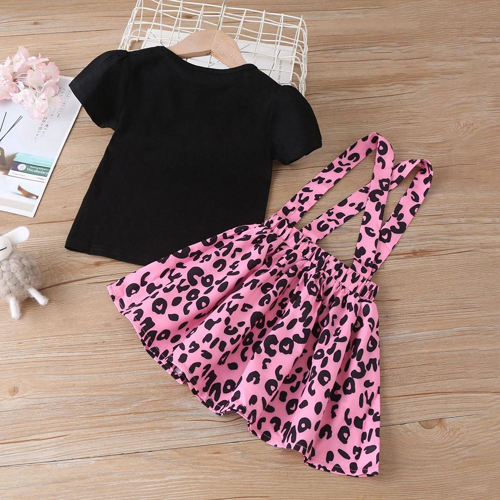 Girls Short Sleeve Letter Printed Top & Leopard Suspender Skirt kids wholesale clothing