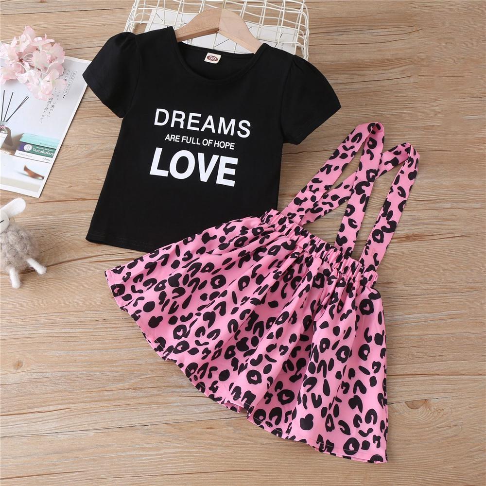 Girls Short Sleeve Letter Printed Top & Leopard Suspender Skirt kids wholesale clothing