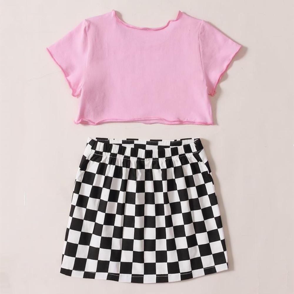 Girls Short Sleeve Letter Printed Top & Plaid Skirt trendy kids wholesale clothing