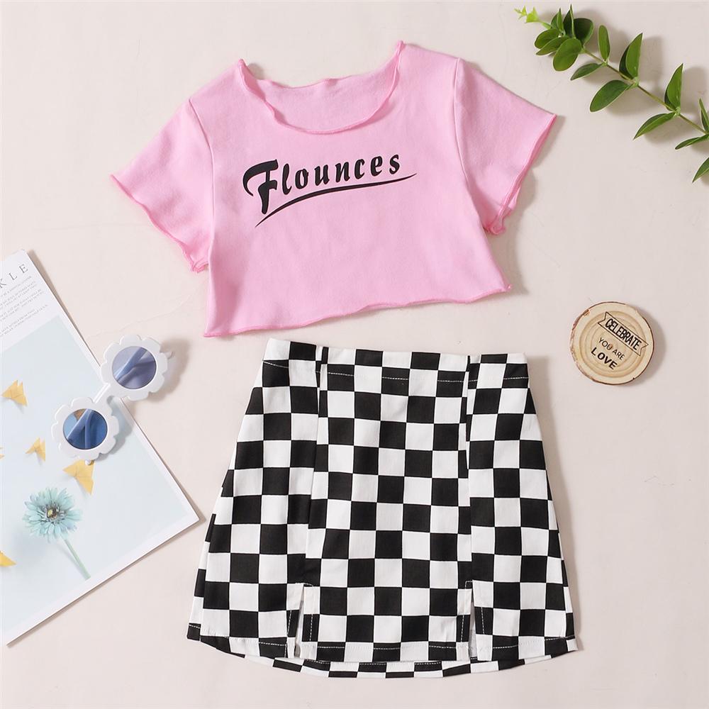 Girls Short Sleeve Letter Printed Top & Plaid Skirt trendy kids wholesale clothing