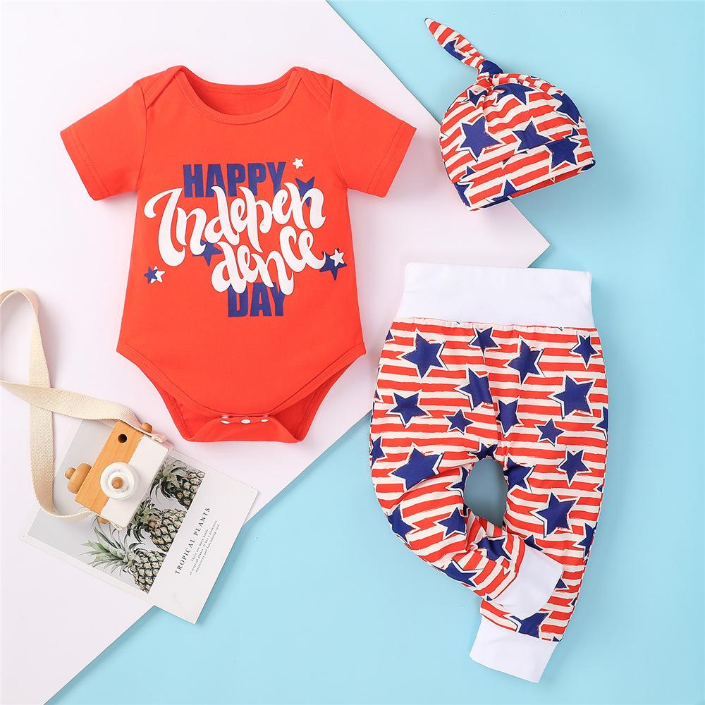 Baby Unisex Short Sleeve Letter Romper & Striped Star Pants & Hat baby clothing wholesale