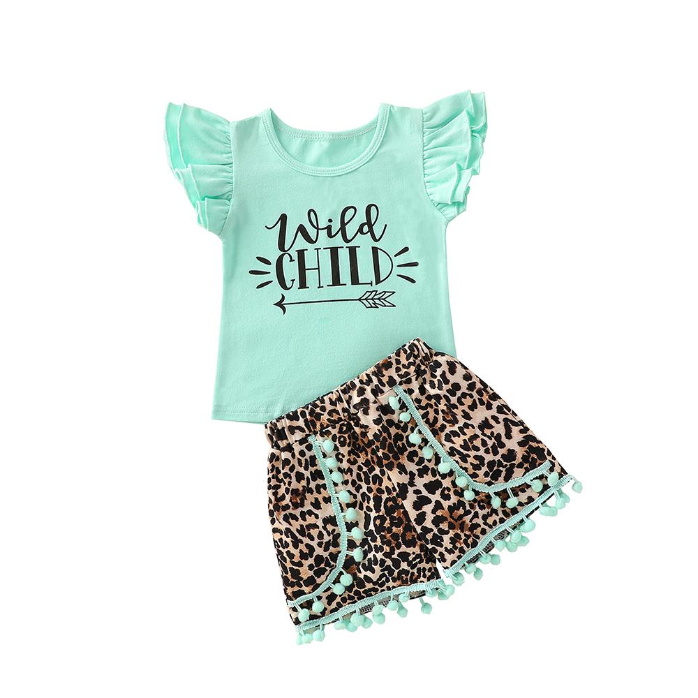 Girls Short Sleeve Letter Wild Child Printed Too & Leopard Shorts kids wholesale clothing
