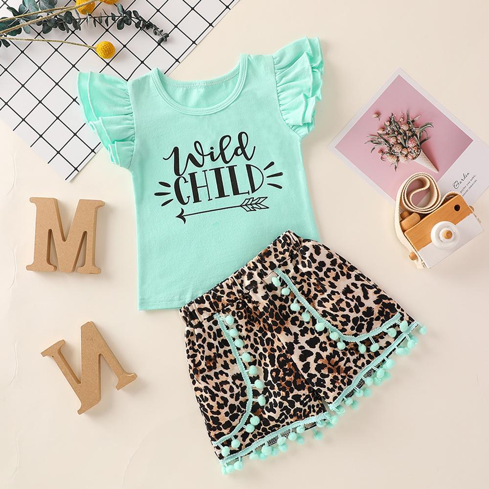 Girls Short Sleeve Letter Wild Child Printed Too & Leopard Shorts kids wholesale clothing