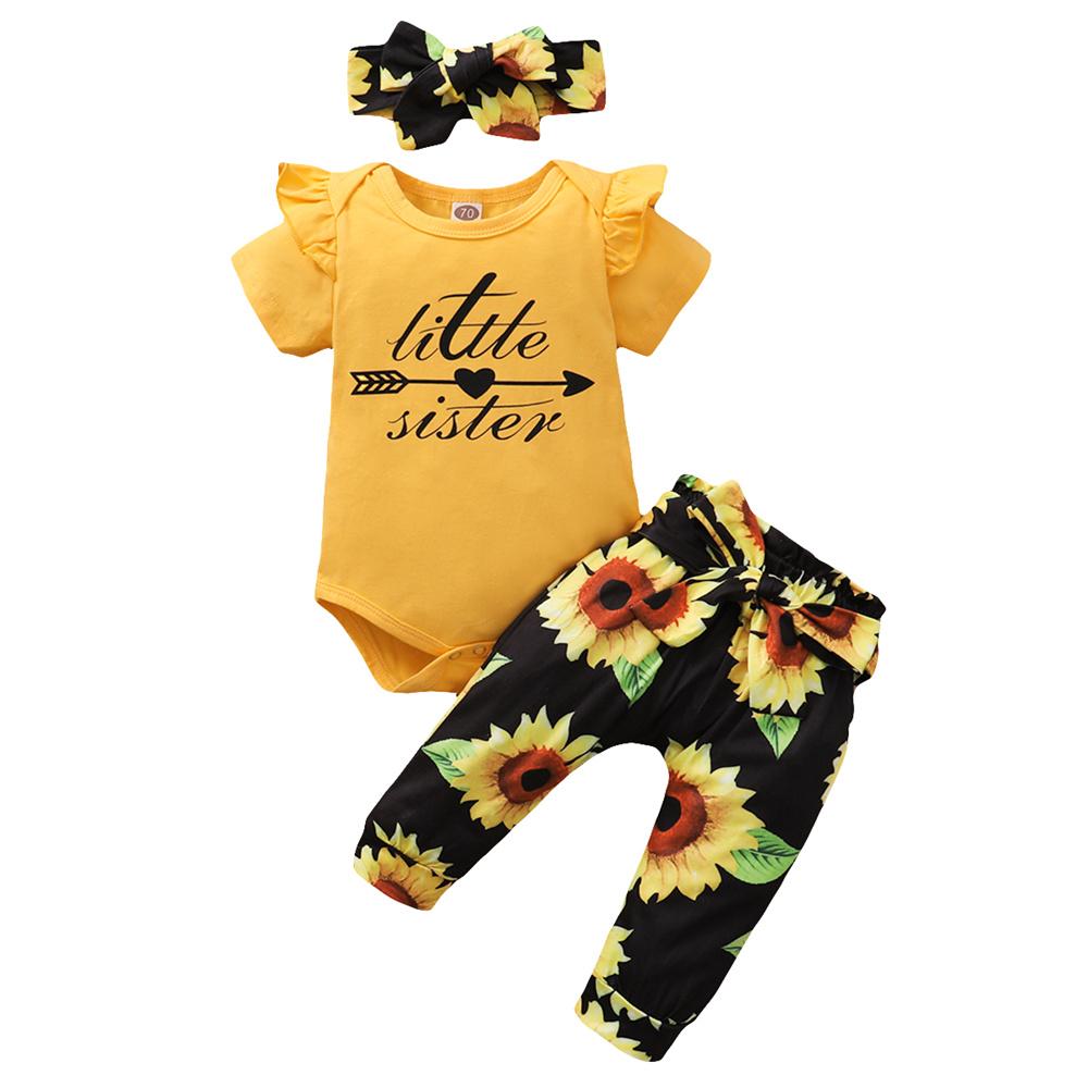 Baby Girls Short Sleeve Little Sister Printed Romper & Sunflower Pants & Headband baby wholesale