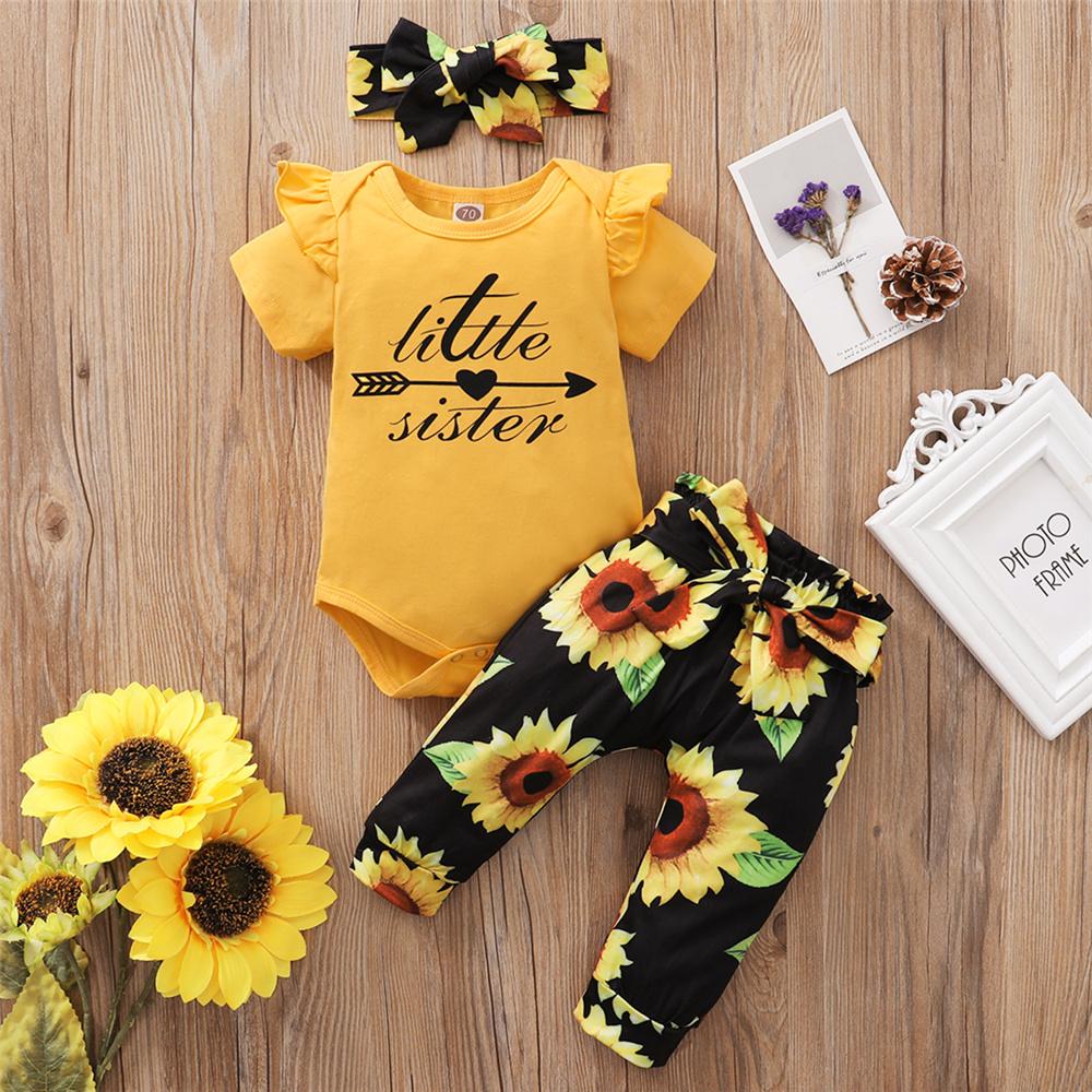 Baby Girls Short Sleeve Little Sister Printed Romper & Sunflower Pants & Headband baby wholesale