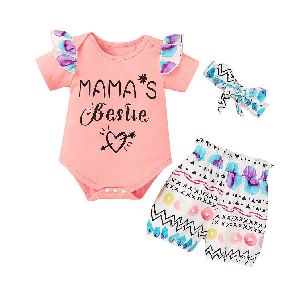 Baby Girls Short Sleeve Mama Bestie Printed Romper & Printed Shorts & Headband Wholesale Baby Outfits