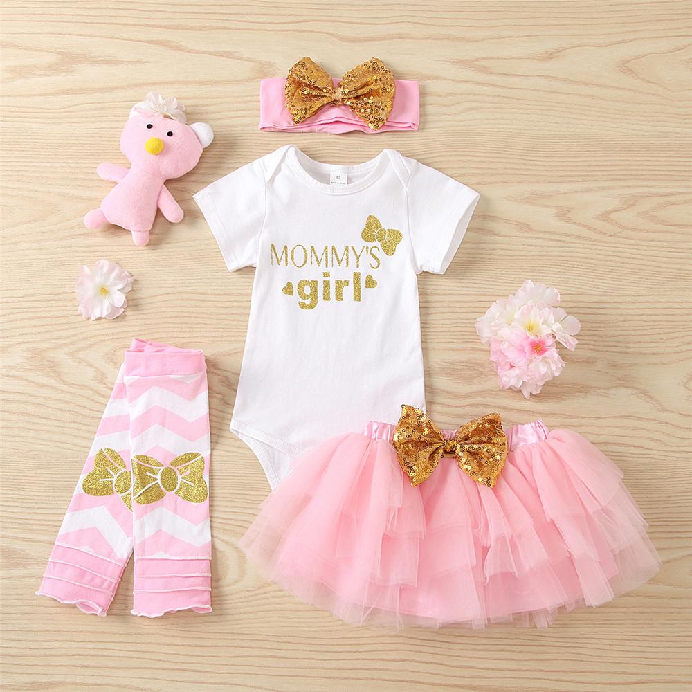 Baby Girls Short Sleeve Mommys Girl Printed Romper & Pettiskirts & Headband & Socks Baby Apparel Wholesale