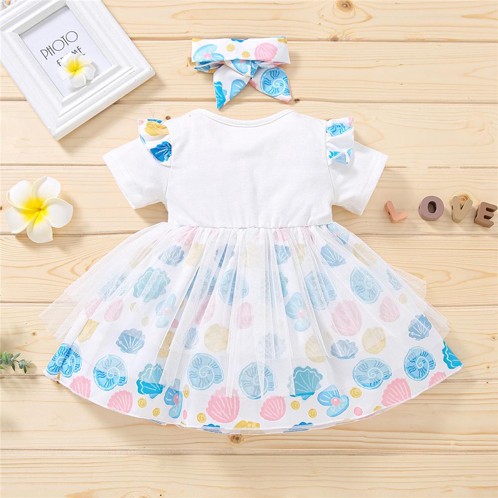 Baby Girls Short Sleeve Ocean Pattern Princess Mesh Dress & Headband wholesale baby clothes