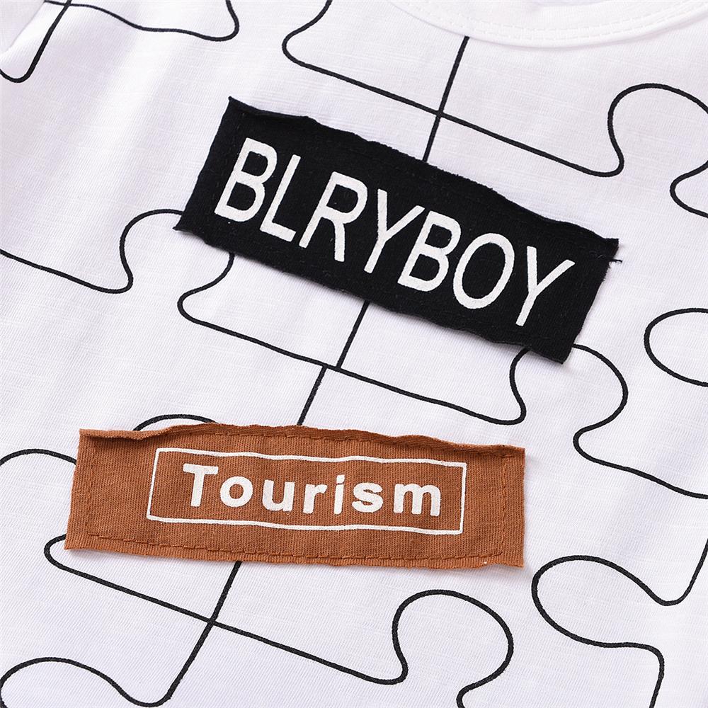 Boys Short Sleeve Pattern Puzzle Letter Printed Top & Plaid Shorts Boys Summer Outfits