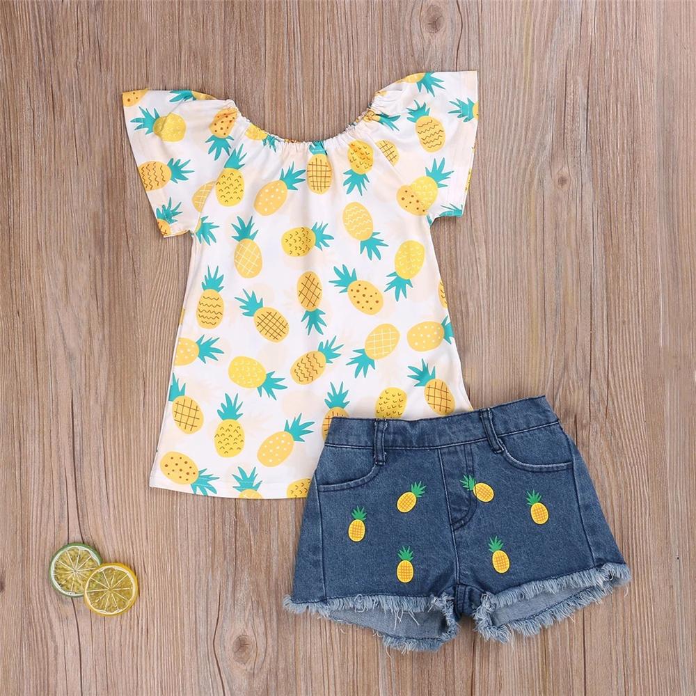 Girls Short Sleeve Pineapple Printed Top & Denim Shorts Girls Clothing Wholesalers