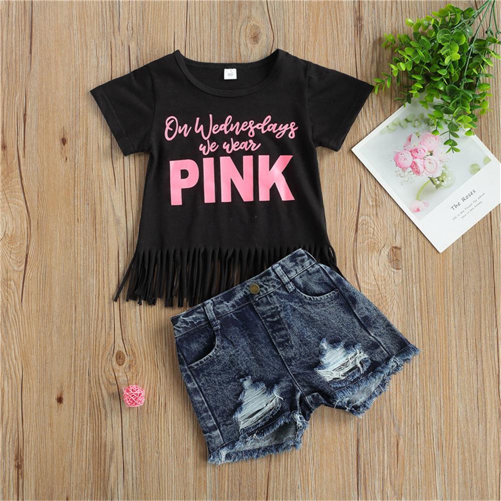 Girls Short Sleeve Pink Letter Printed Tassel Top & Ripped Denim Shorts Trendy Kids Wholesale Clothing