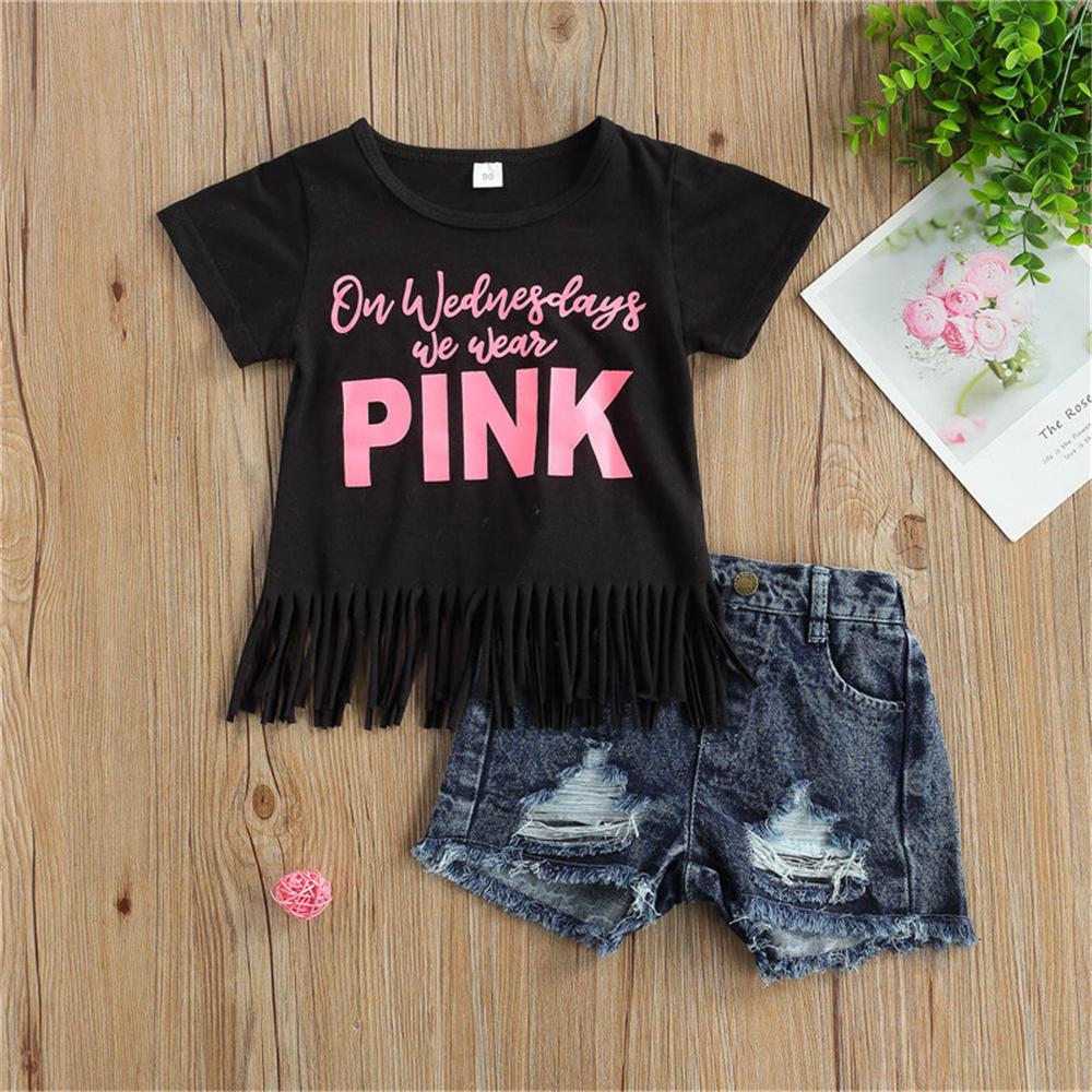 Girls Short Sleeve Pink Letter Printed Tassel Top & Ripped Denim Shorts Trendy Kids Wholesale Clothing