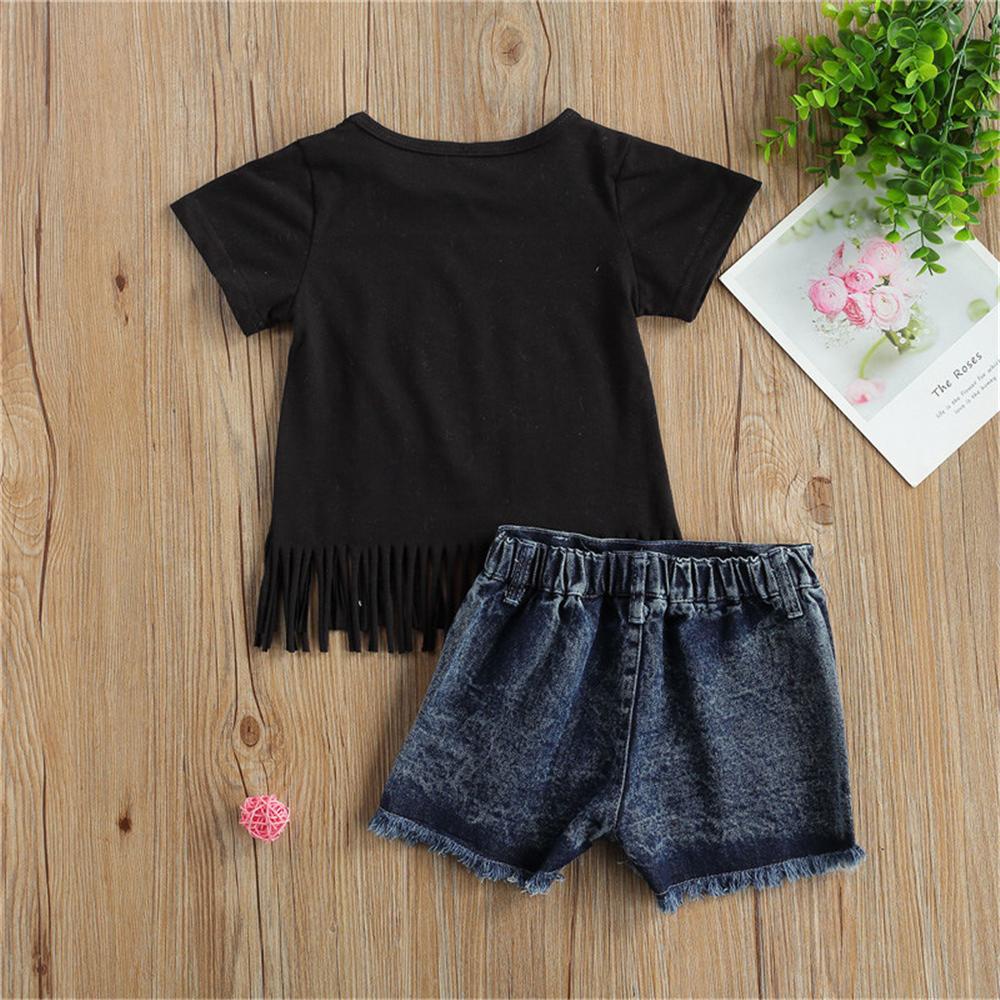 Girls Short Sleeve Pink Letter Printed Tassel Top & Ripped Denim Shorts Trendy Kids Wholesale Clothing