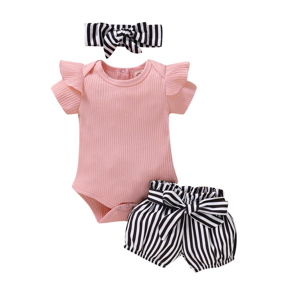 Baby Girls Short Sleeve Pink Ruffled Romper & Striped Shorts & Headband Wholesale Baby Clothes