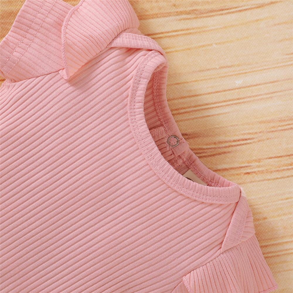 Baby Girls Short Sleeve Pink Ruffled Romper & Striped Shorts & Headband Wholesale Baby Clothes