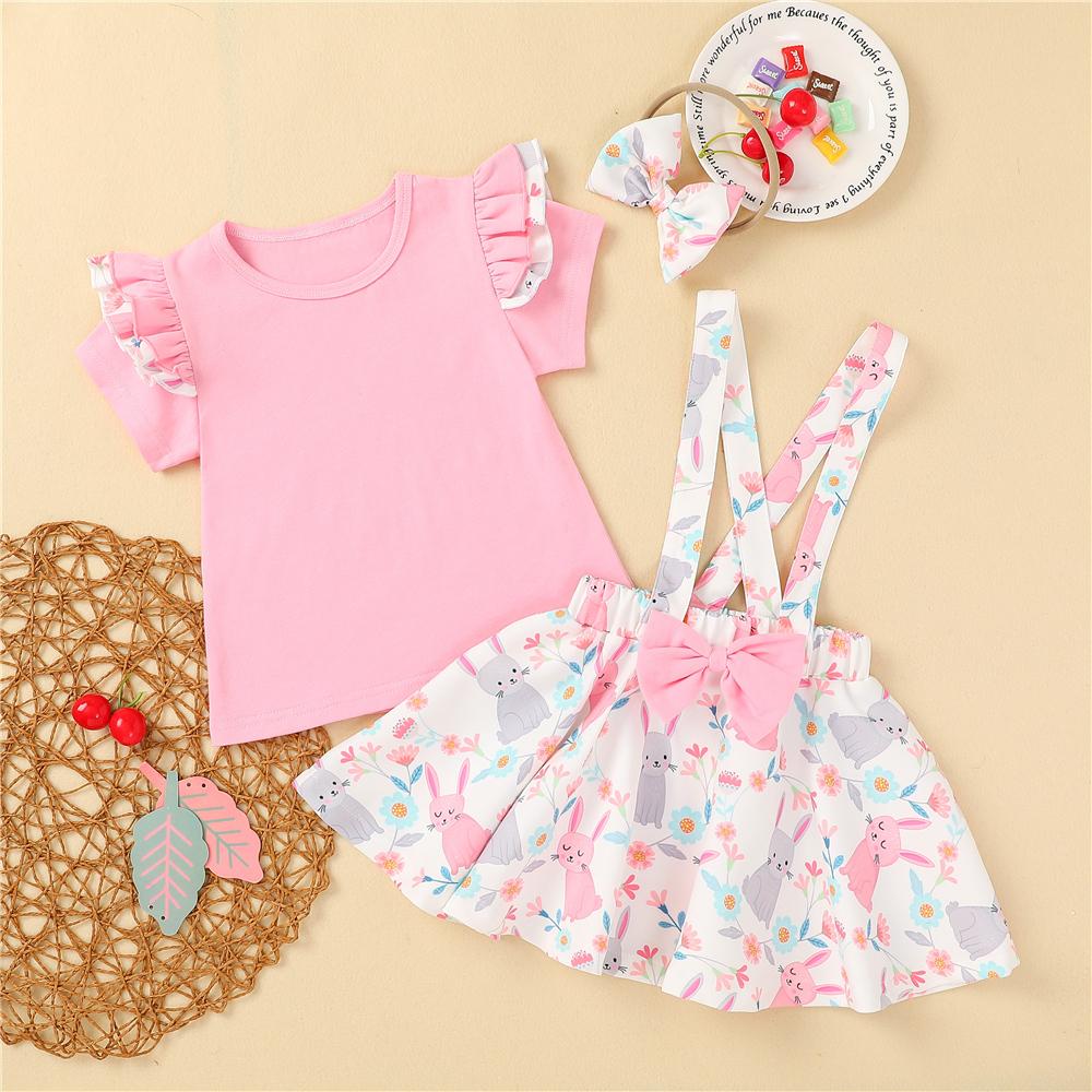 Girls Short Sleeve Pink Top & Rabbit Printed Suspender Skirt & Headband wholesale children's boutique clothing suppliers usa