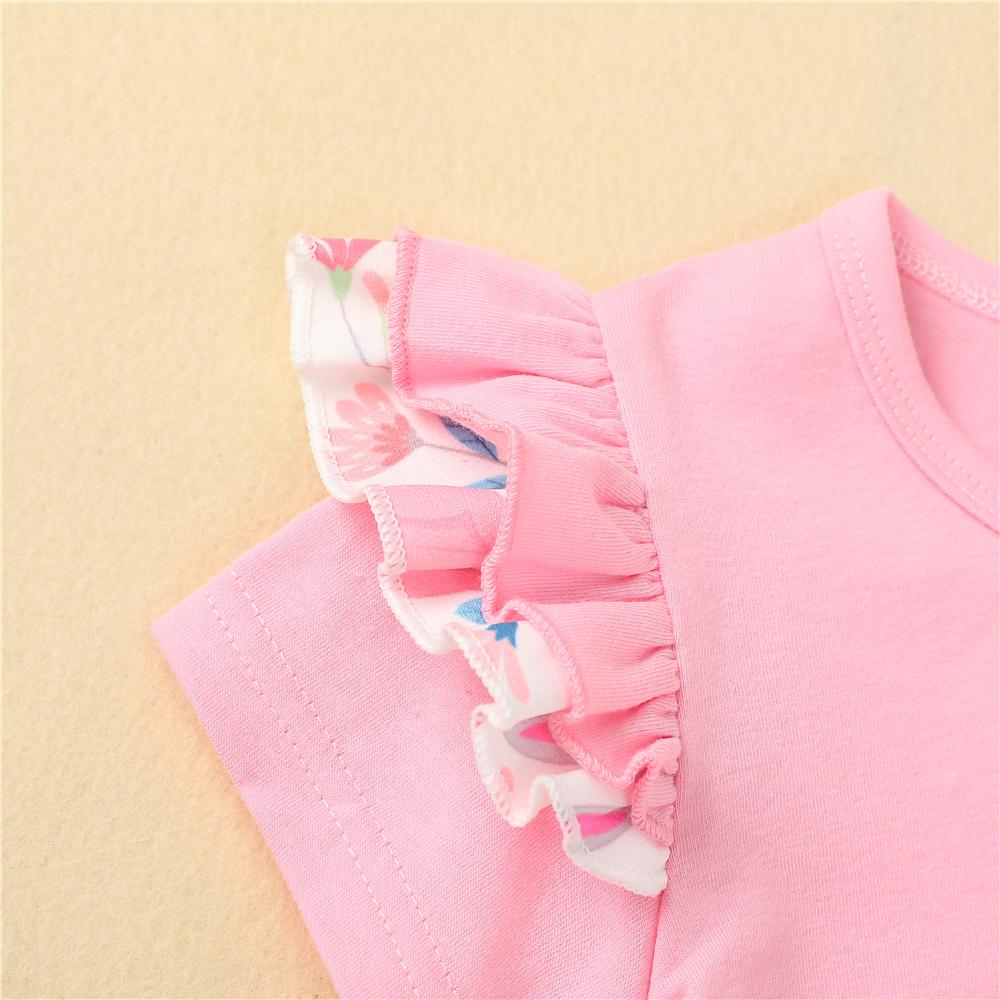 Girls Short Sleeve Pink Top & Rabbit Printed Suspender Skirt & Headband wholesale children's boutique clothing suppliers usa