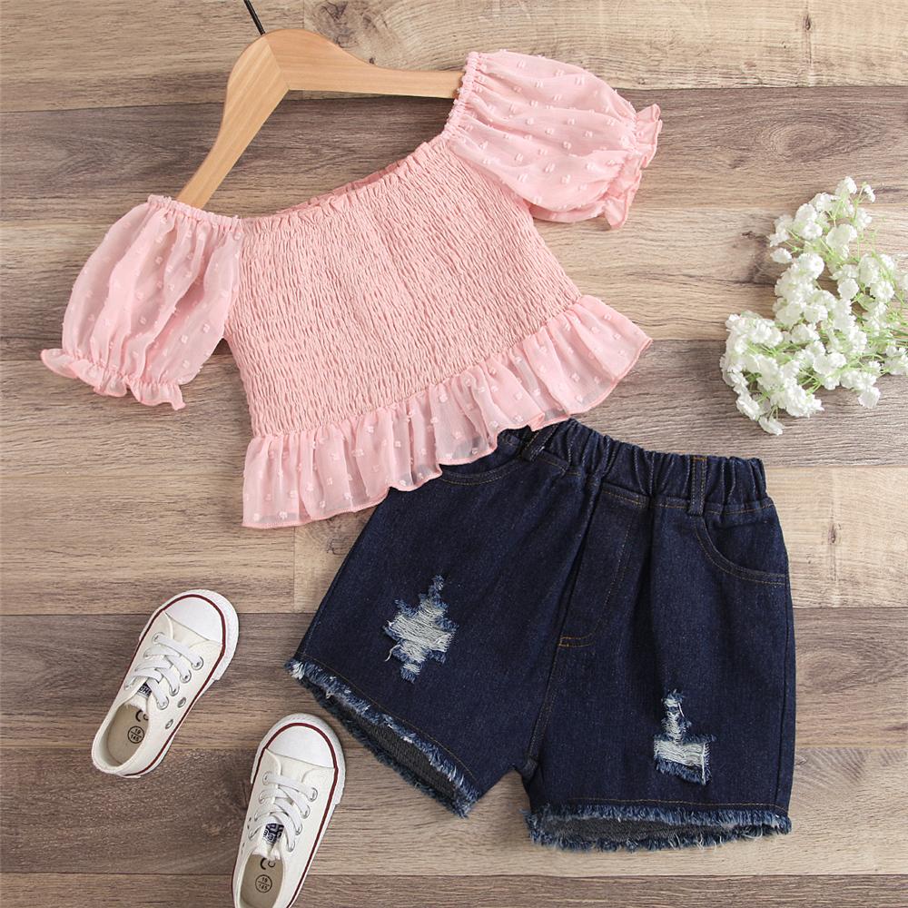 Girls Short Sleeve Pink Top & Ripped Shorts kids wholesale clothing