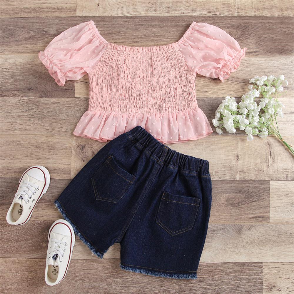 Girls Short Sleeve Pink Top & Ripped Shorts kids wholesale clothing