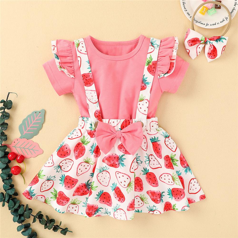 Girls Short Sleeve Strawberry Pink Top & Suspender Skirt & Headband trendy kids wholesale clothing