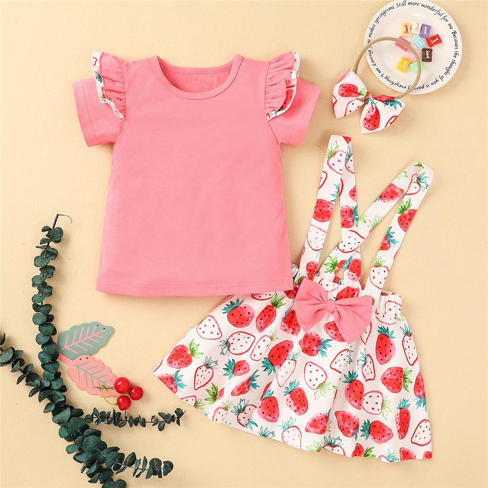 Girls Short Sleeve Strawberry Pink Top & Suspender Skirt & Headband trendy kids wholesale clothing