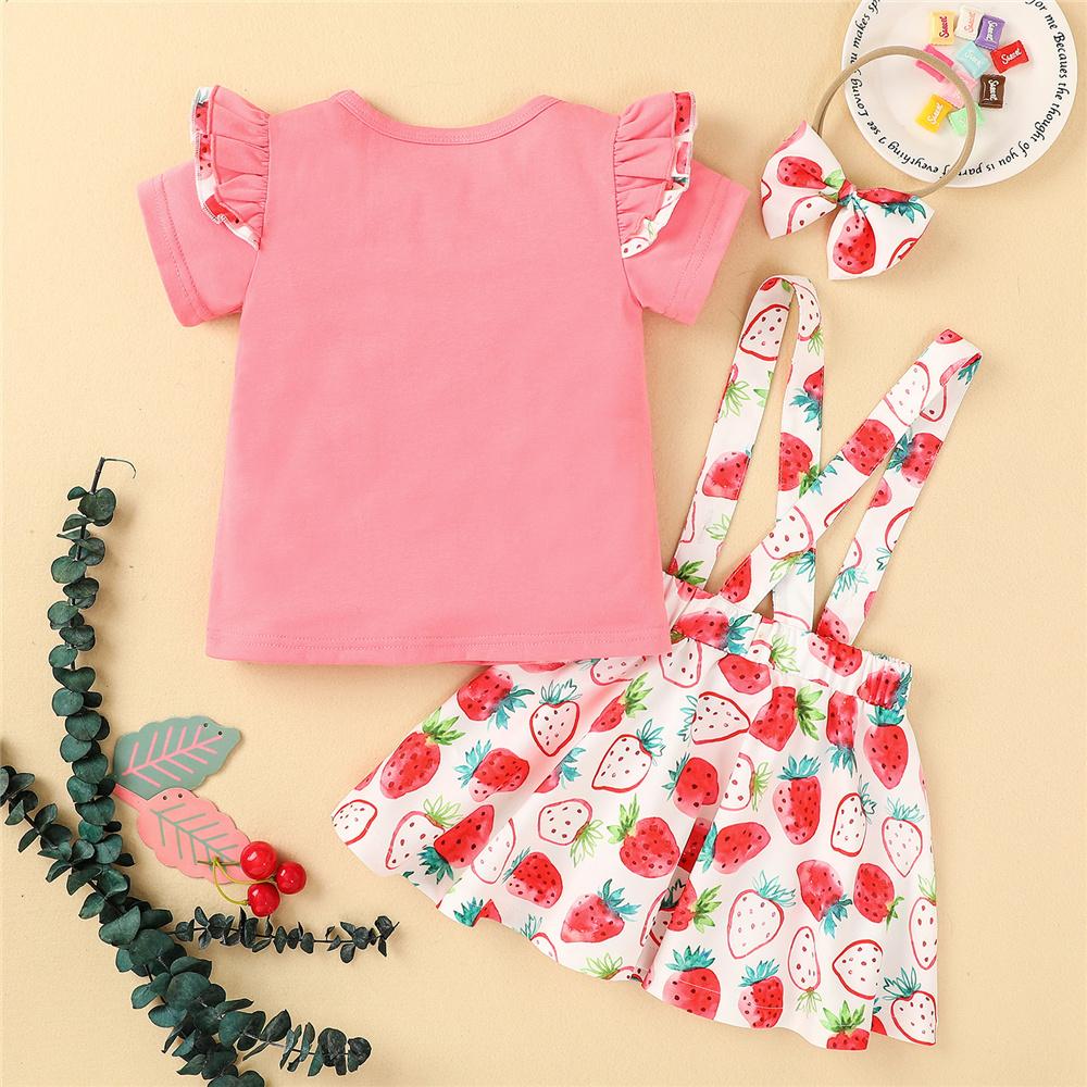 Girls Short Sleeve Strawberry Pink Top & Suspender Skirt & Headband trendy kids wholesale clothing