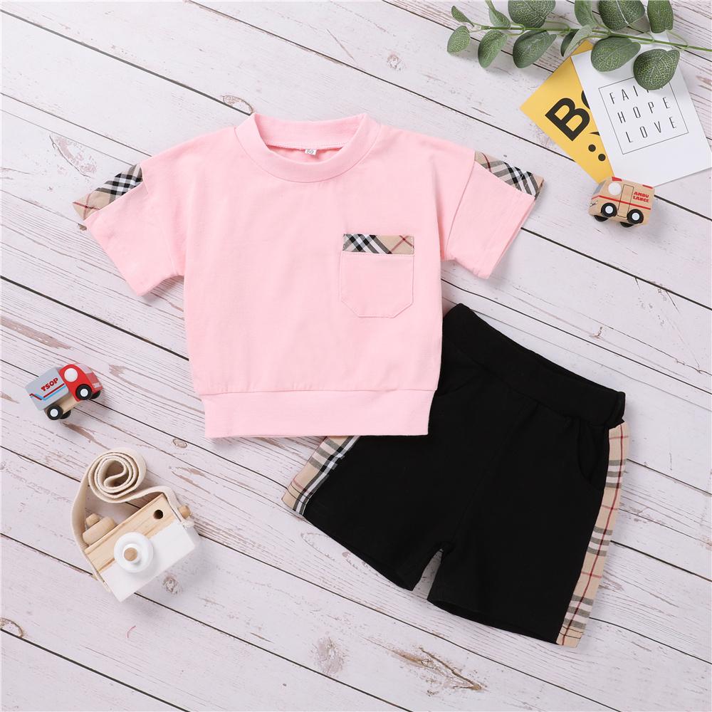 Girls Short Sleeve Plaid Printed Pocket Top & Shorts Wholesale Girl Clothing