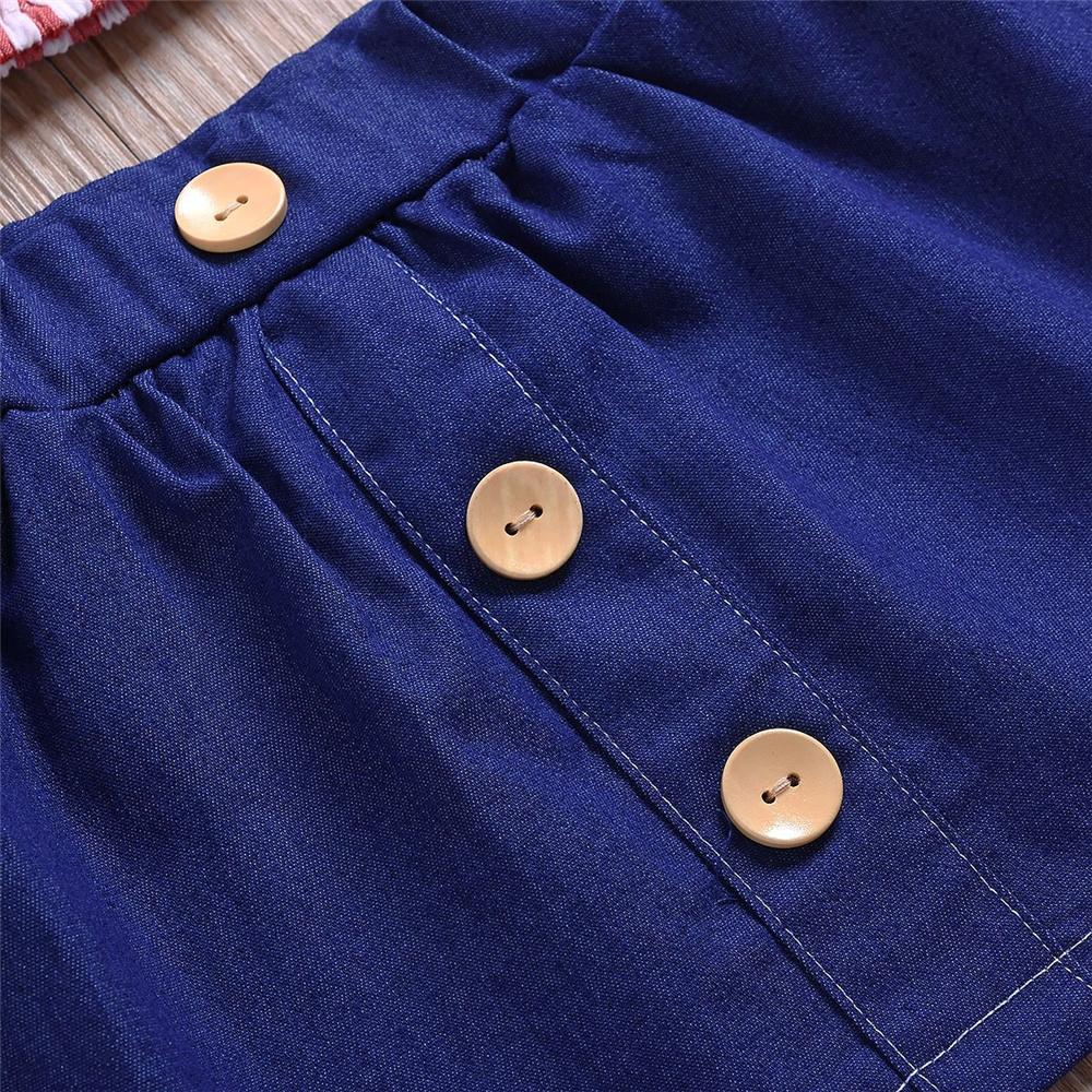 Girls Short Sleeve Plaid Short Sleeve Top & Denim Button Skirt kids wholesale clothing